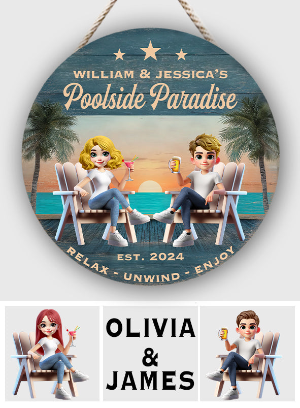 Poolside Paradise - Personalized Couple Round Wood Sign
