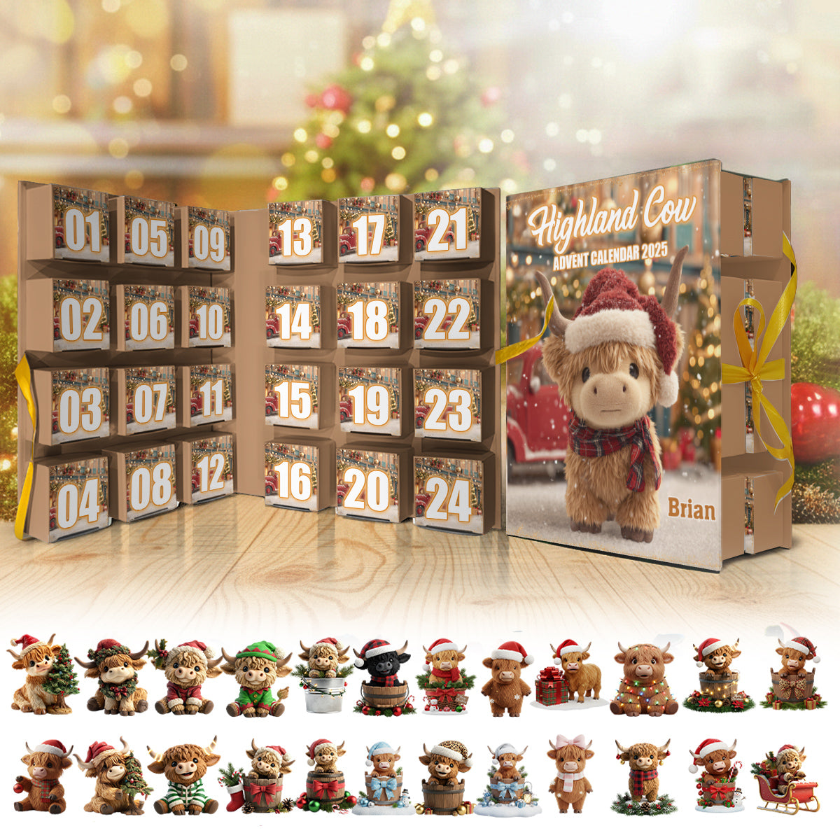 Weihnachtliches Hochlandrind – Personalisierter Adventskalender mit Hochlandrind-Motiv und Ornamenten