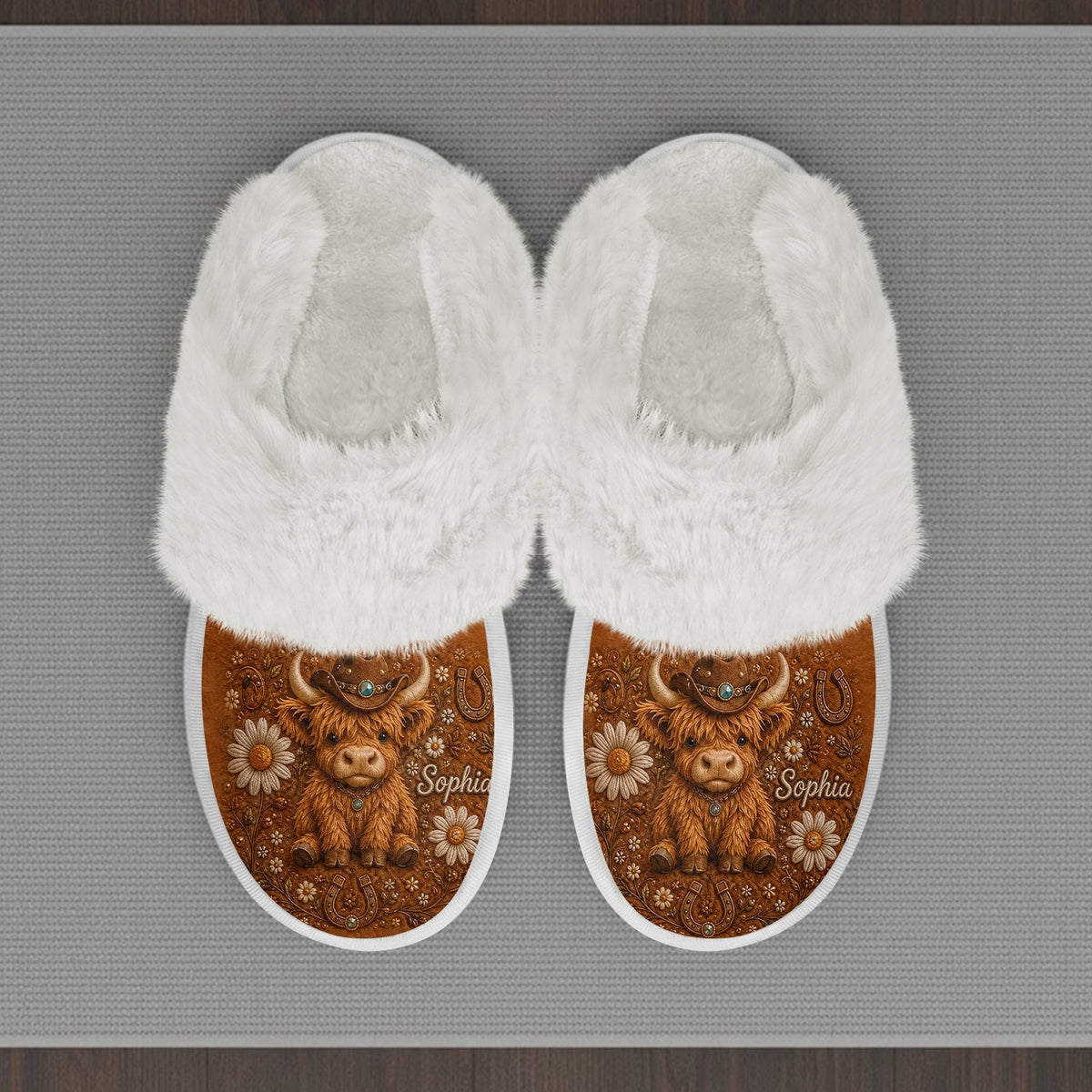 Niedliche Highland Cow - Personalisierte Highland Cow Pantoffeln mit offener Zehe