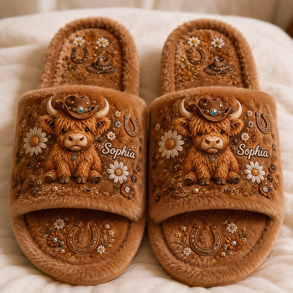 Niedliche Highland Cow - Personalisierte Highland Cow Pantoffeln mit offener Zehe