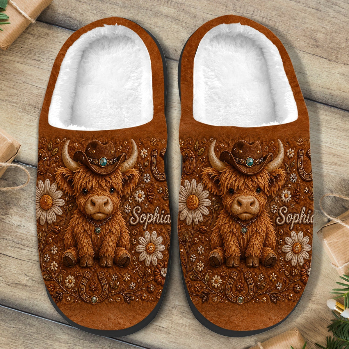 Niedliche Highland Cow - Personalisierte Highland Cow Pantoffeln mit offener Zehe