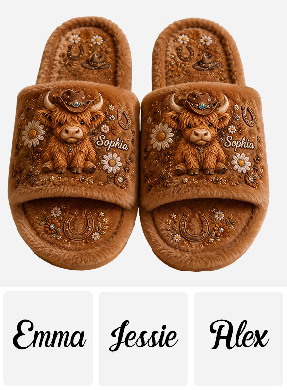 Niedliche Highland Cow - Personalisierte Highland Cow Pantoffeln mit offener Zehe