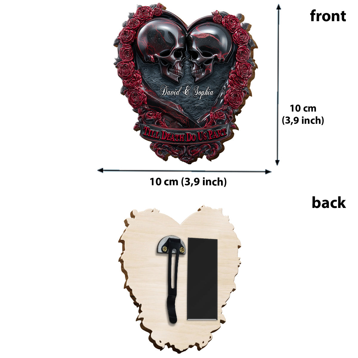 Bis dass der Tod uns scheidet – Personalisierter Totenkopf-Sonnenblendenclip fürs Auto.