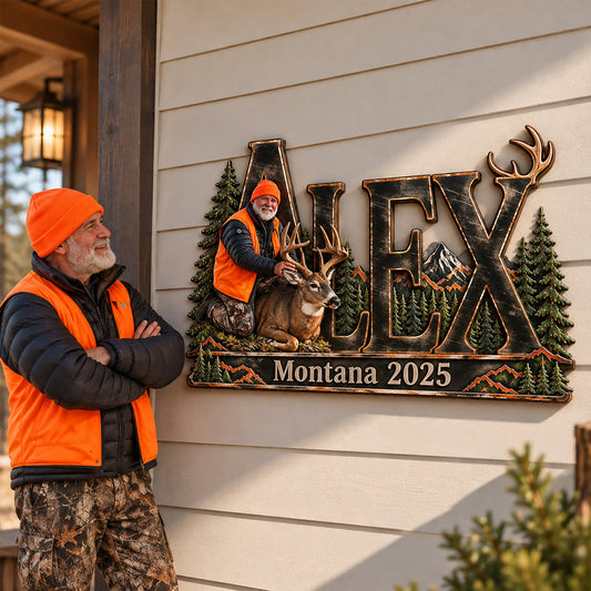 Hunter Gift, Deer Hunting Lovers Gift - Personalized Hunting 3D Printed Cut Metal Sign