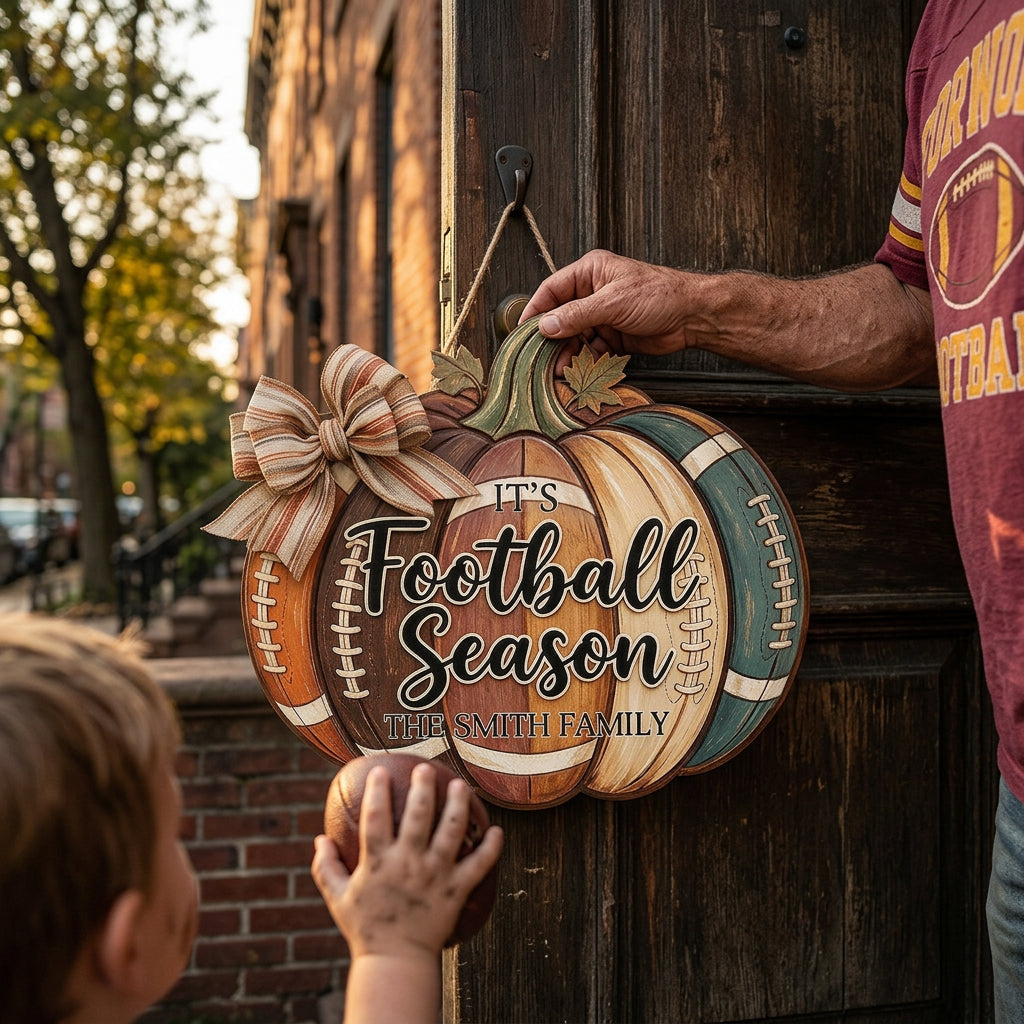 It's Football Season - Personalized Football Shaped Wood Sign With Sash
