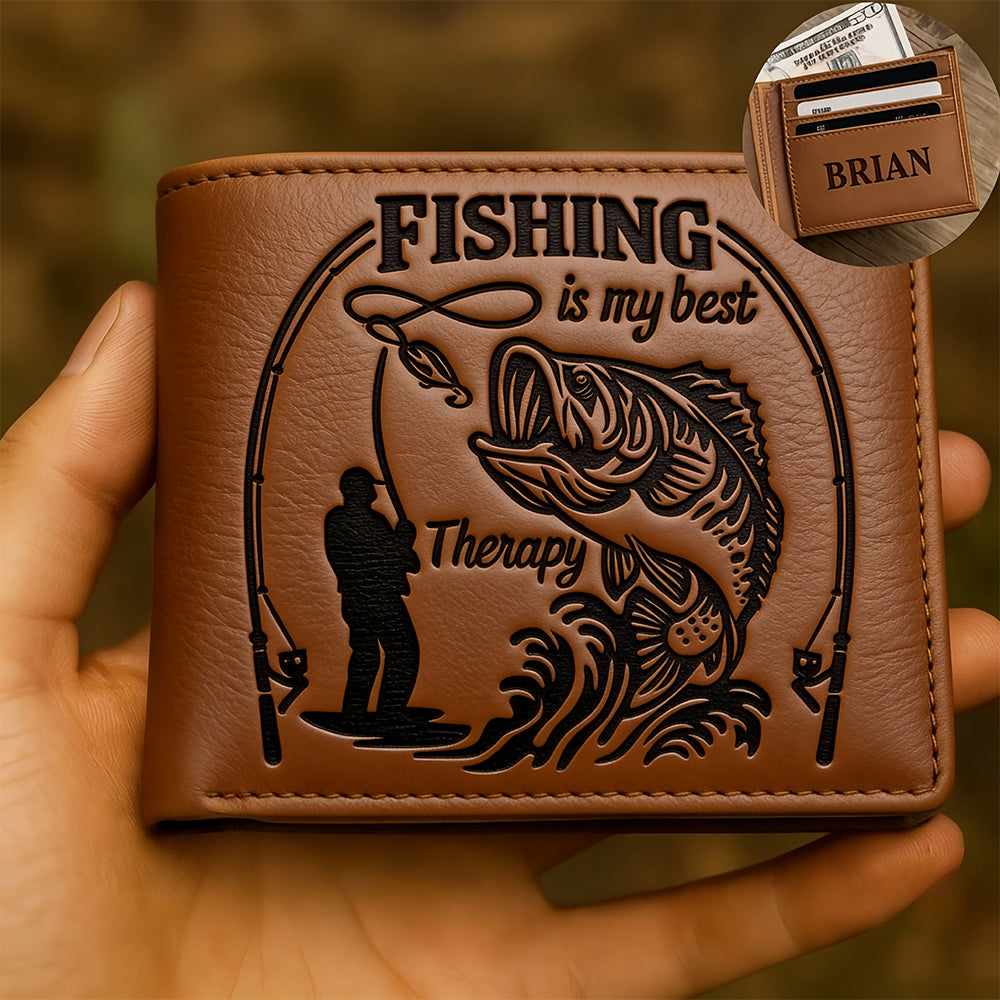 Angeln ist meine Therapie – Personalisierte Angel-Geldbörse aus Leder