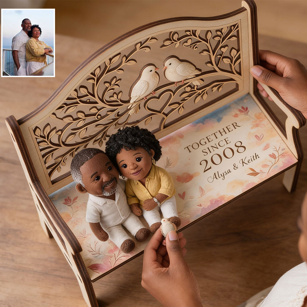 I Love You Forever - Personalized Couple Wooden Bench & Plush Keychain Set