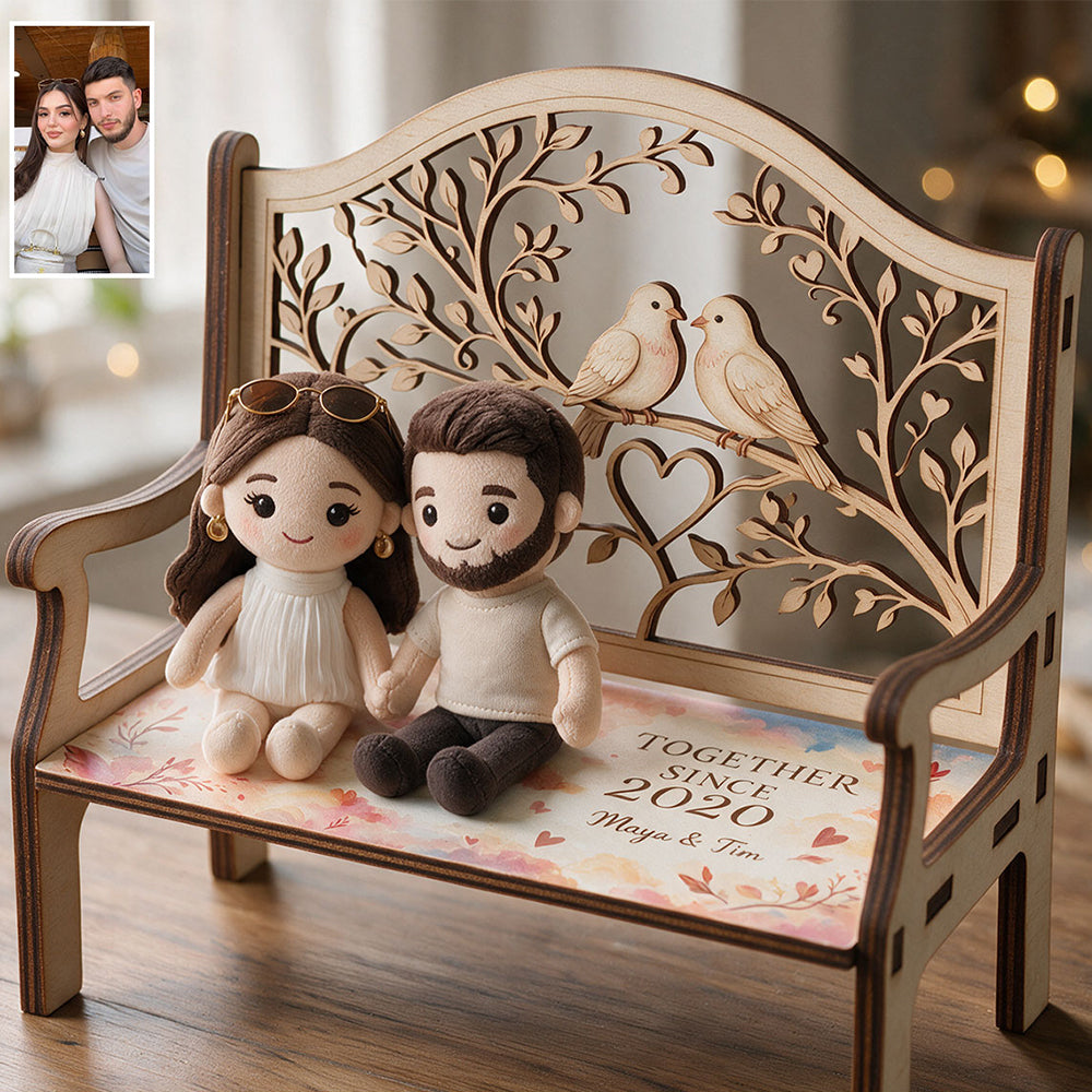 I Love You Forever - Personalized Couple Wooden Bench & Plush Keychain Set