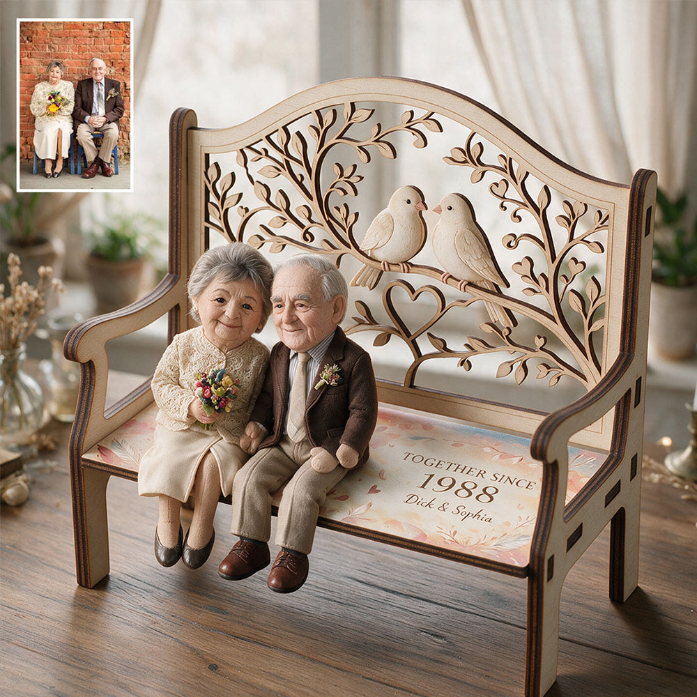 I Love You Forever - Personalized Couple Wooden Bench & Plush Keychain Set