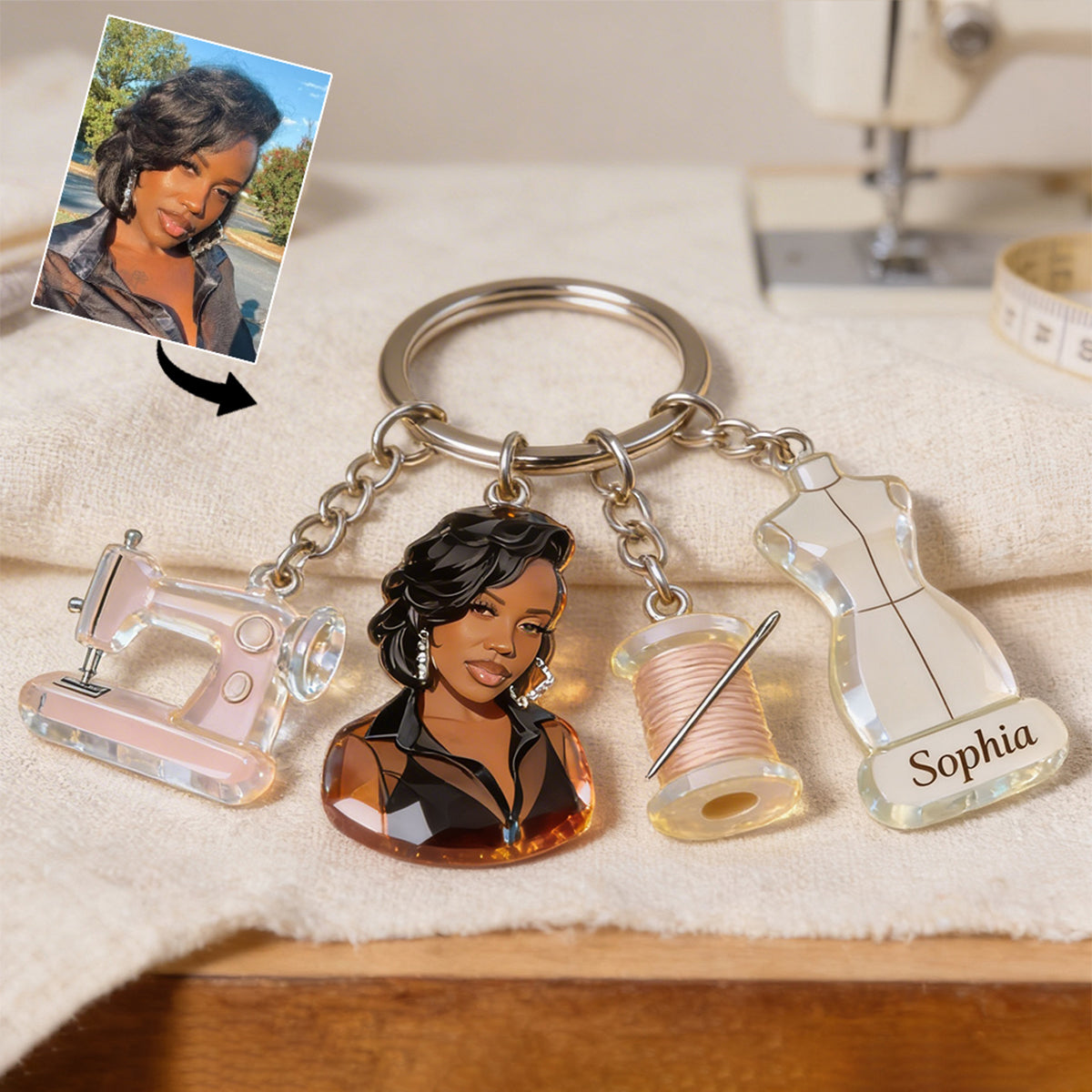 Love Sewing - Personalized Sewing Keychain With Charms