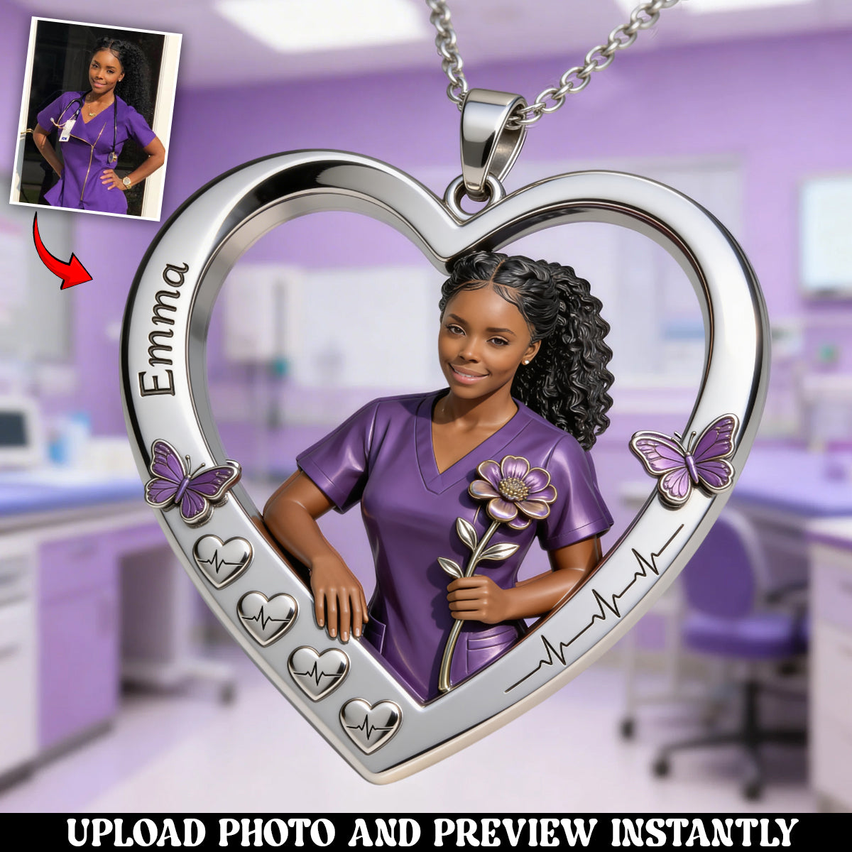 Floral Nurse Heart - Personalized Nurse Shaped Metal Pendant Necklace