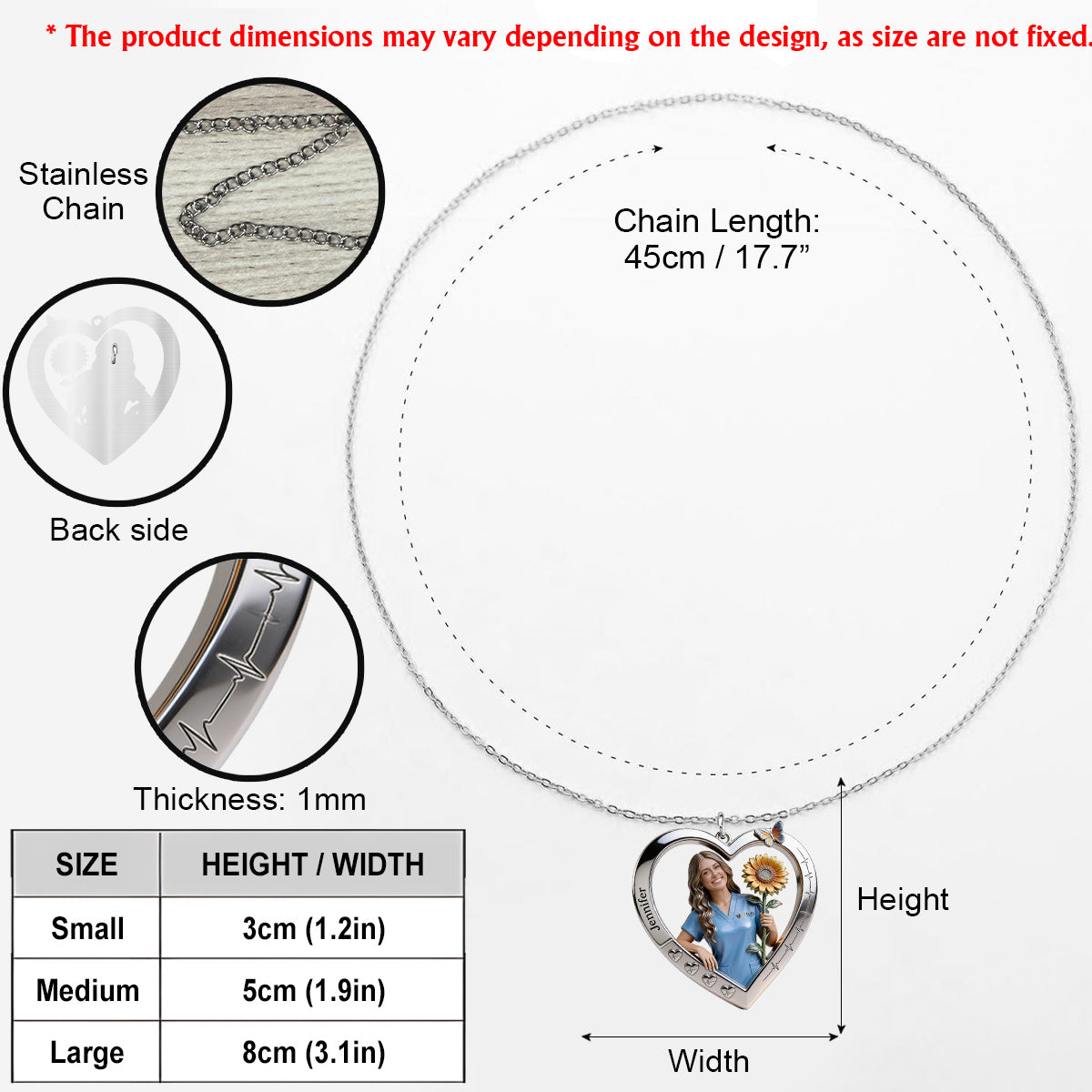 Floral Nurse Heart - Personalized Nurse Shaped Metal Pendant Necklace