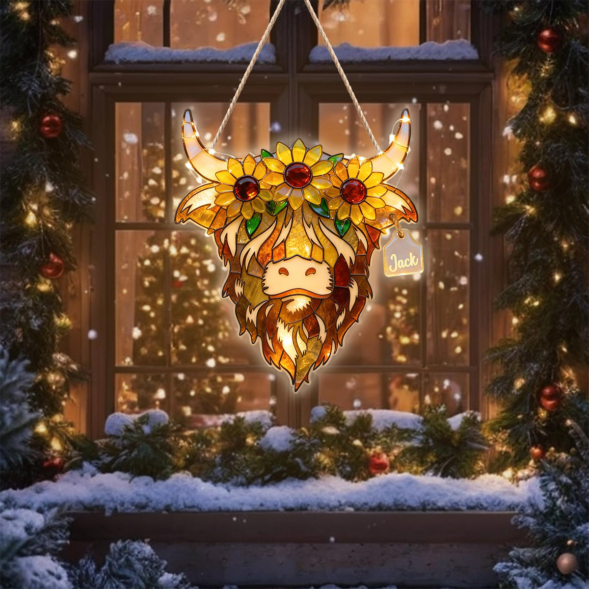 Hochlandrind mit Sonnenblumen - Personalisiertes LED-Licht-Acryl-Schild „Hochlandrind“