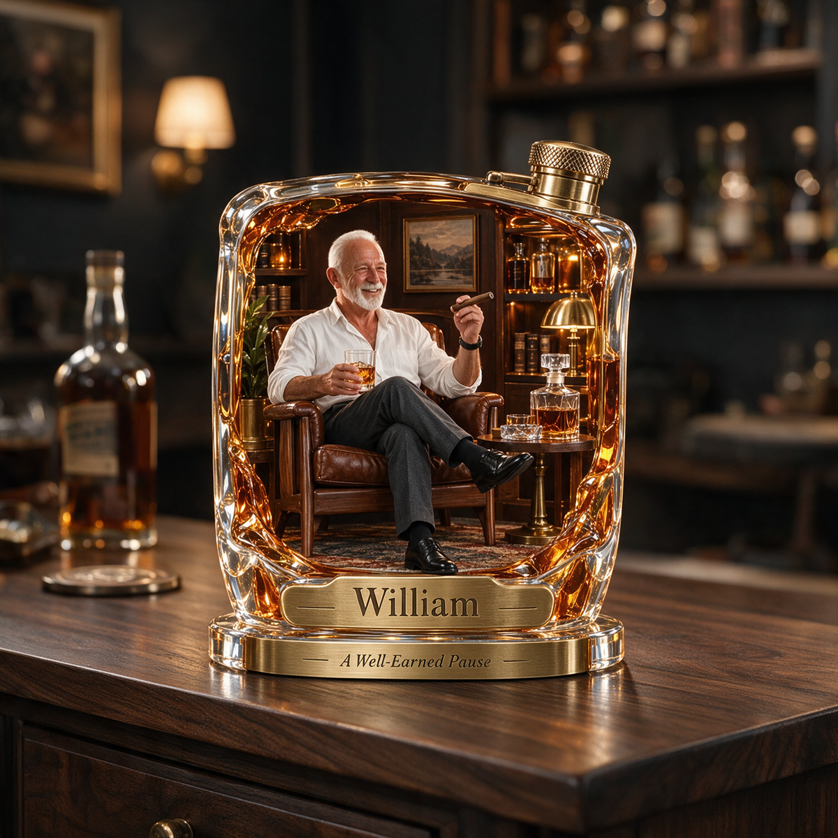 Personalized Whiskey Acrylic Plaque - Custom Photo Flask Lounge Diorama