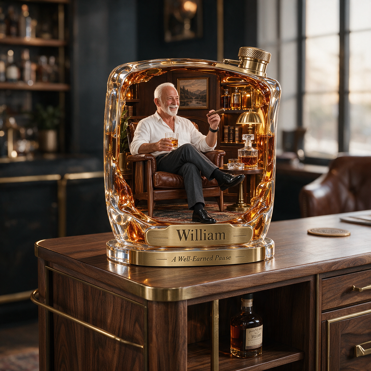 Personalized Whiskey Acrylic Plaque - Custom Photo Flask Lounge Diorama