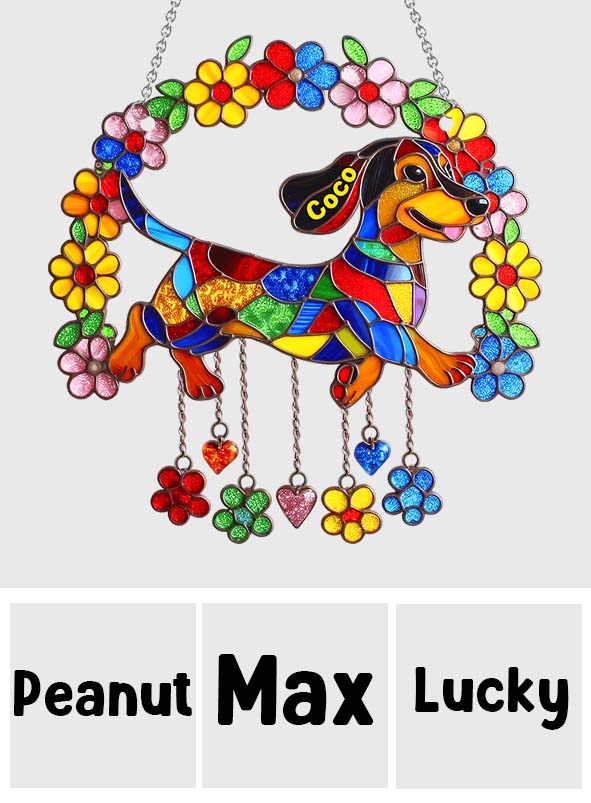 Niedlicher Dackel mit Blumen – Personalisierter Dackel-Fensterhänger als Sonnenfänger