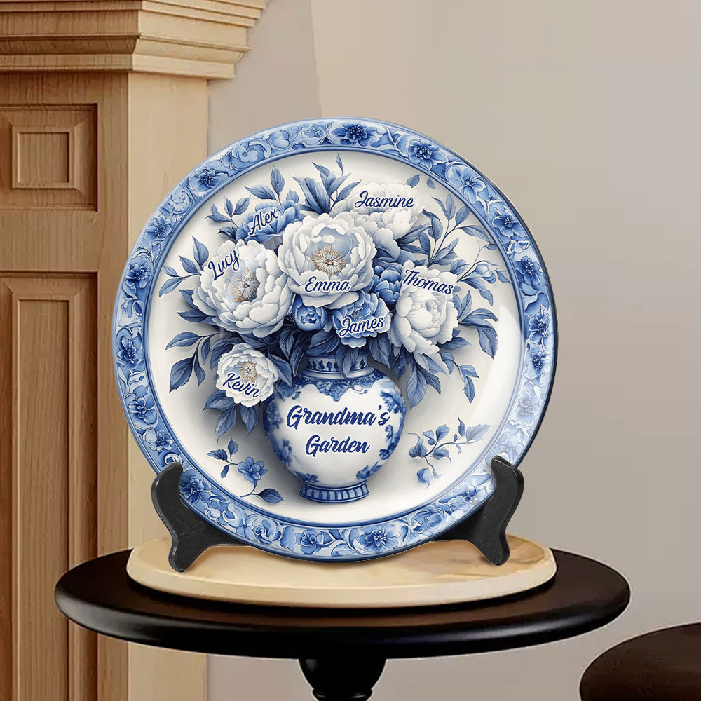 Classic Blue & White Grandma's Flower Garden - Personalized Grandma Ceramic Round Plate