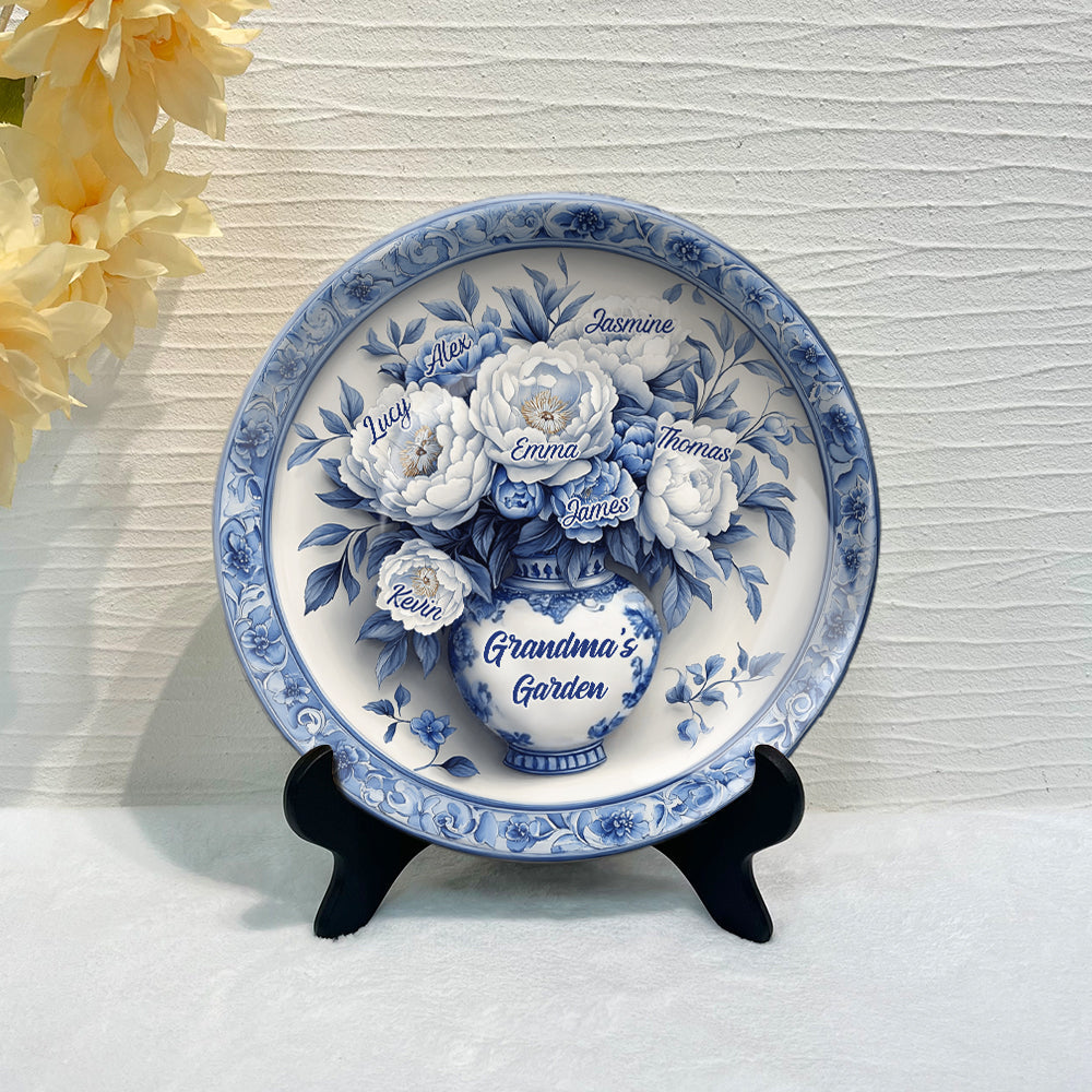 Classic Blue & White Grandma's Flower Garden - Personalized Grandma Ceramic Round Plate