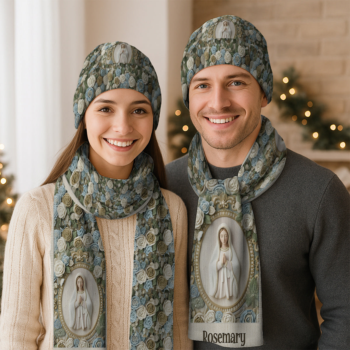 Unsere Liebe Frau Rose – Personalisiertes christliches Strickmützen- und Schal-Set
