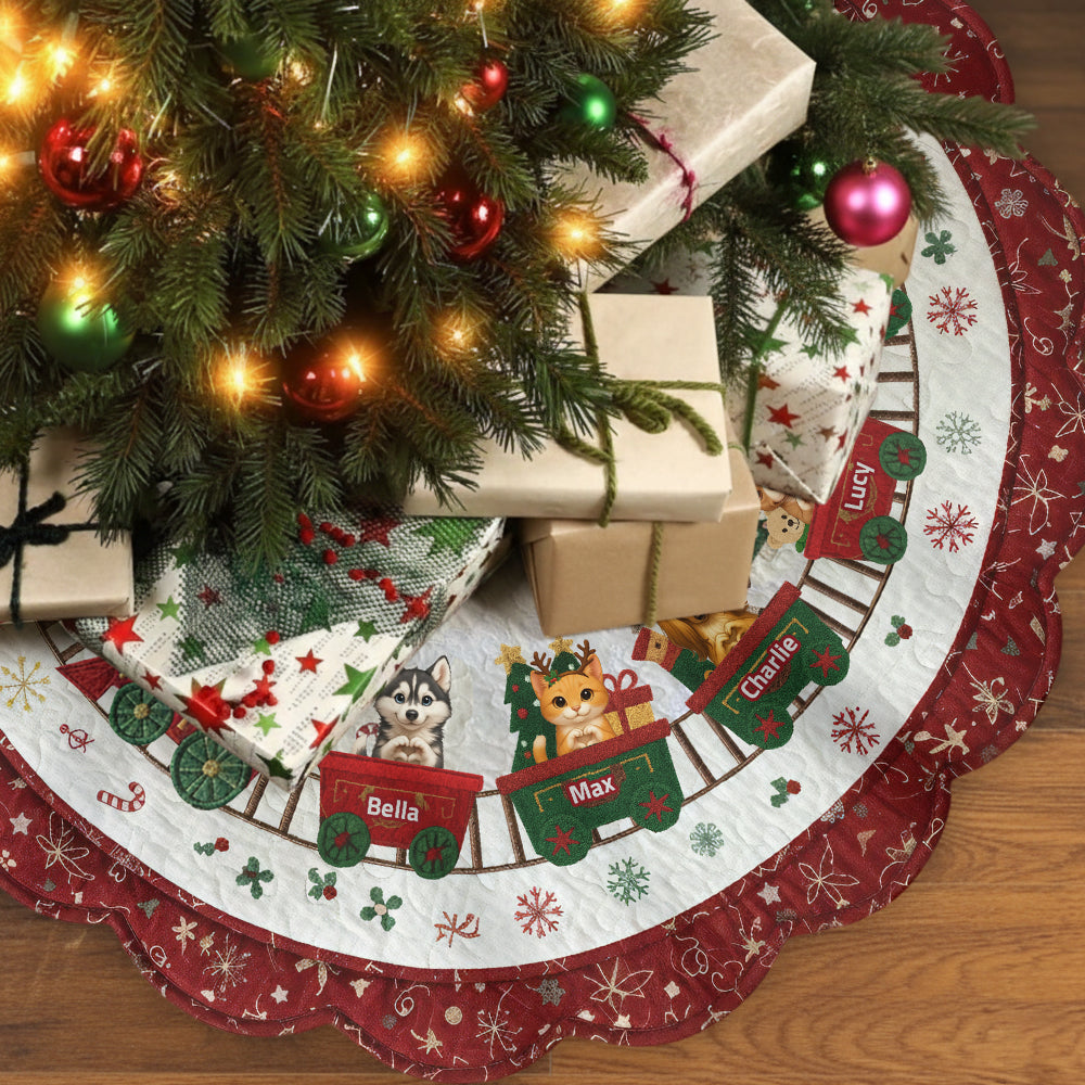 Cute Dog And Cat Christmas Train - Personalized Dog Shaped Tree Skirt