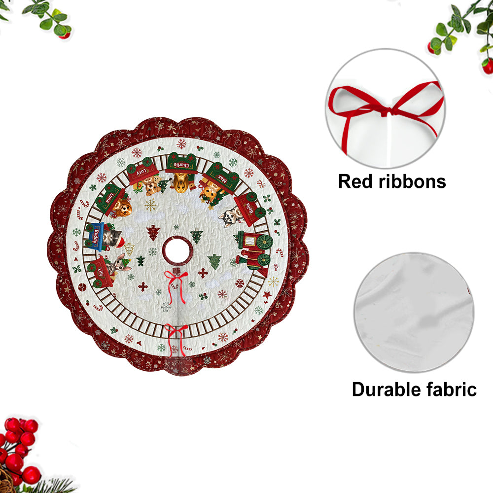 Cute Dog And Cat Christmas Train - Personalized Dog Shaped Tree Skirt