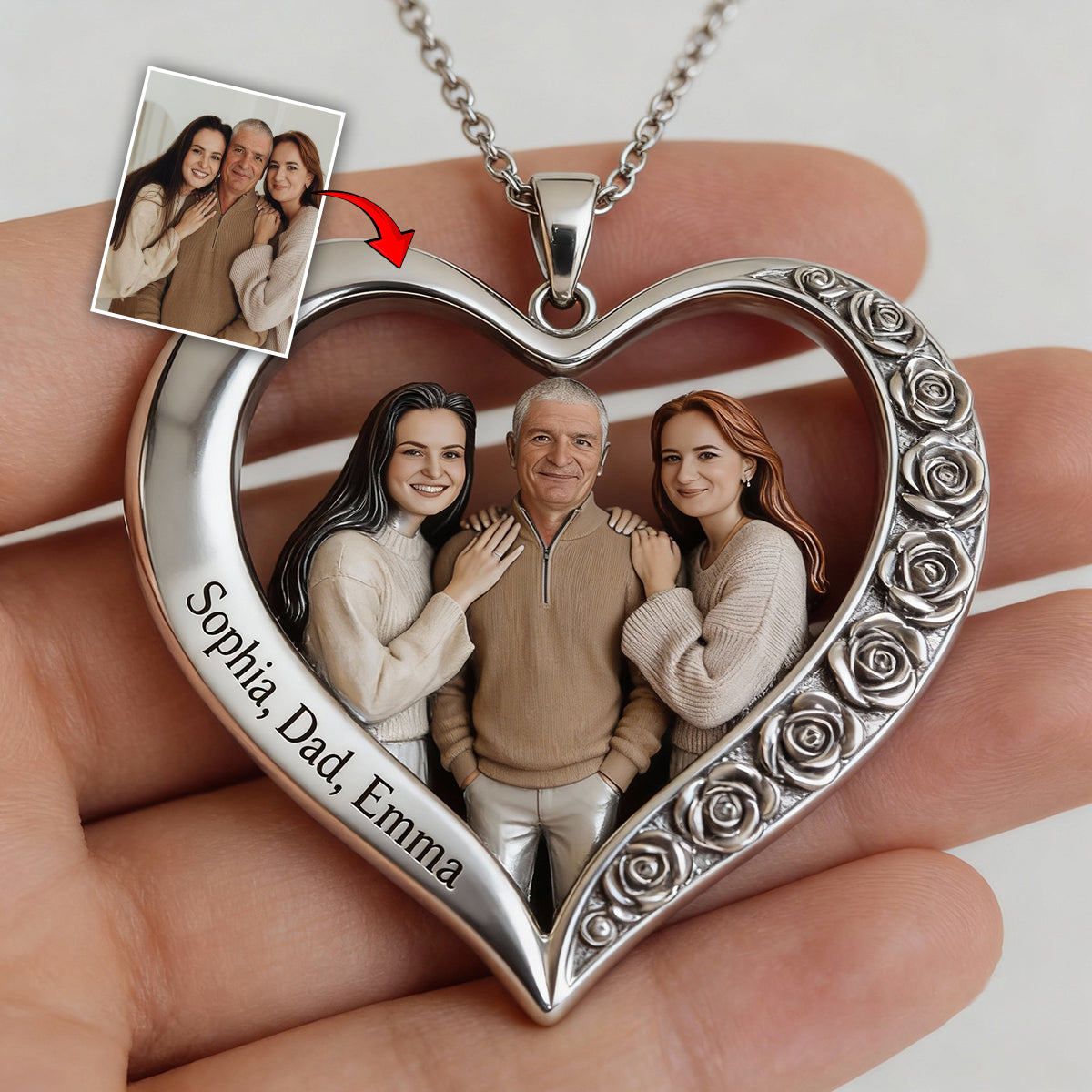 Custom From Any Photo - Personalized Family Shaped Metal Pendant Necklace