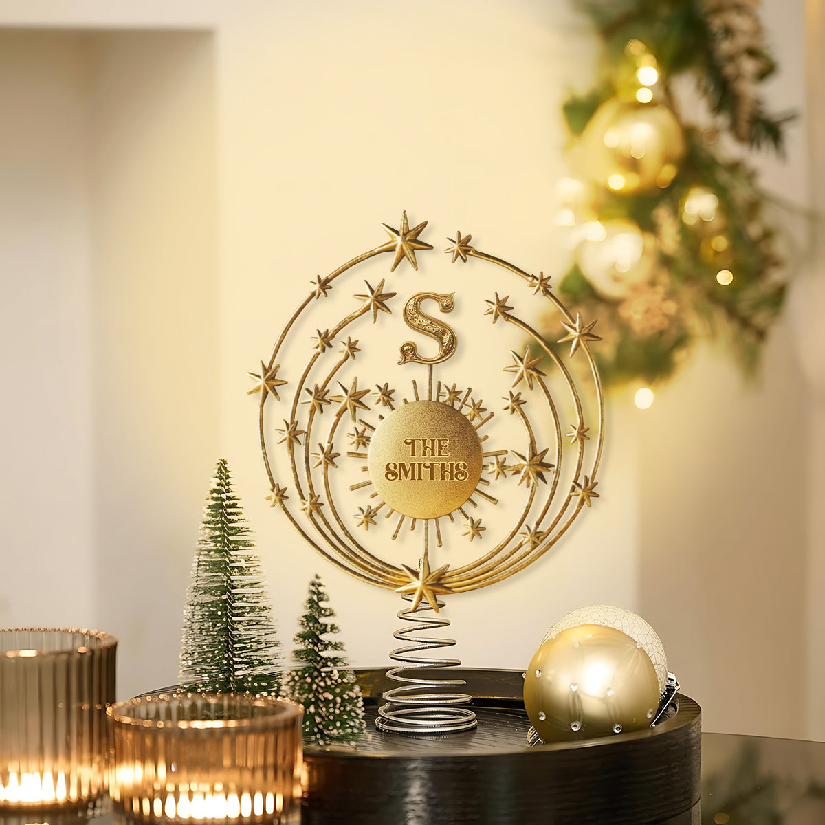 Frohe Weihnachten 2025, personalisierte LED-Baumspitze mit Familieninitialen