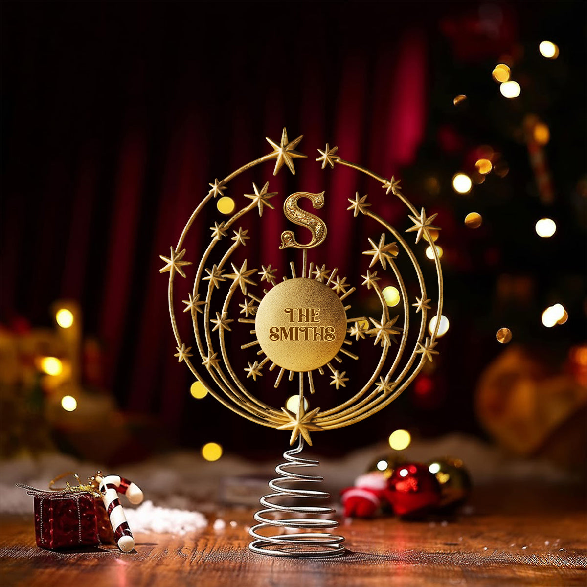 Frohe Weihnachten 2025, personalisierte LED-Baumspitze mit Familieninitialen