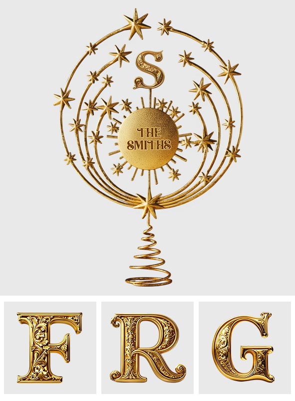 Frohe Weihnachten 2025, personalisierte LED-Baumspitze mit Familieninitialen