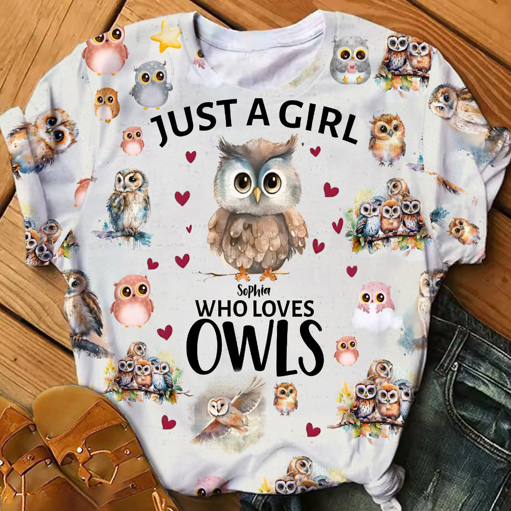 Just A Girl Who Loves Owls - Personalized Owl All Over Shirt