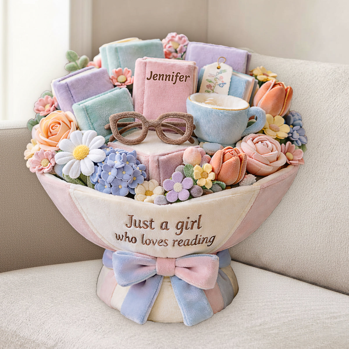 Plüschstrauß für ein Mädchen, das gerne liest – personalisiertes Premium-Kunstfellkissen