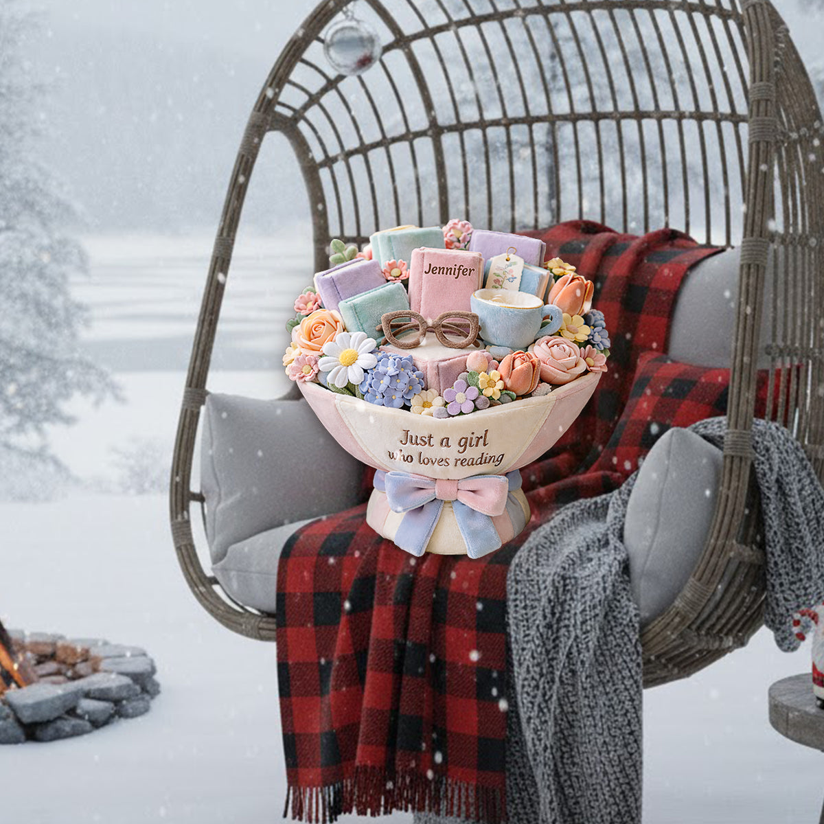 Plüschstrauß für ein Mädchen, das gerne liest – personalisiertes Premium-Kunstfellkissen