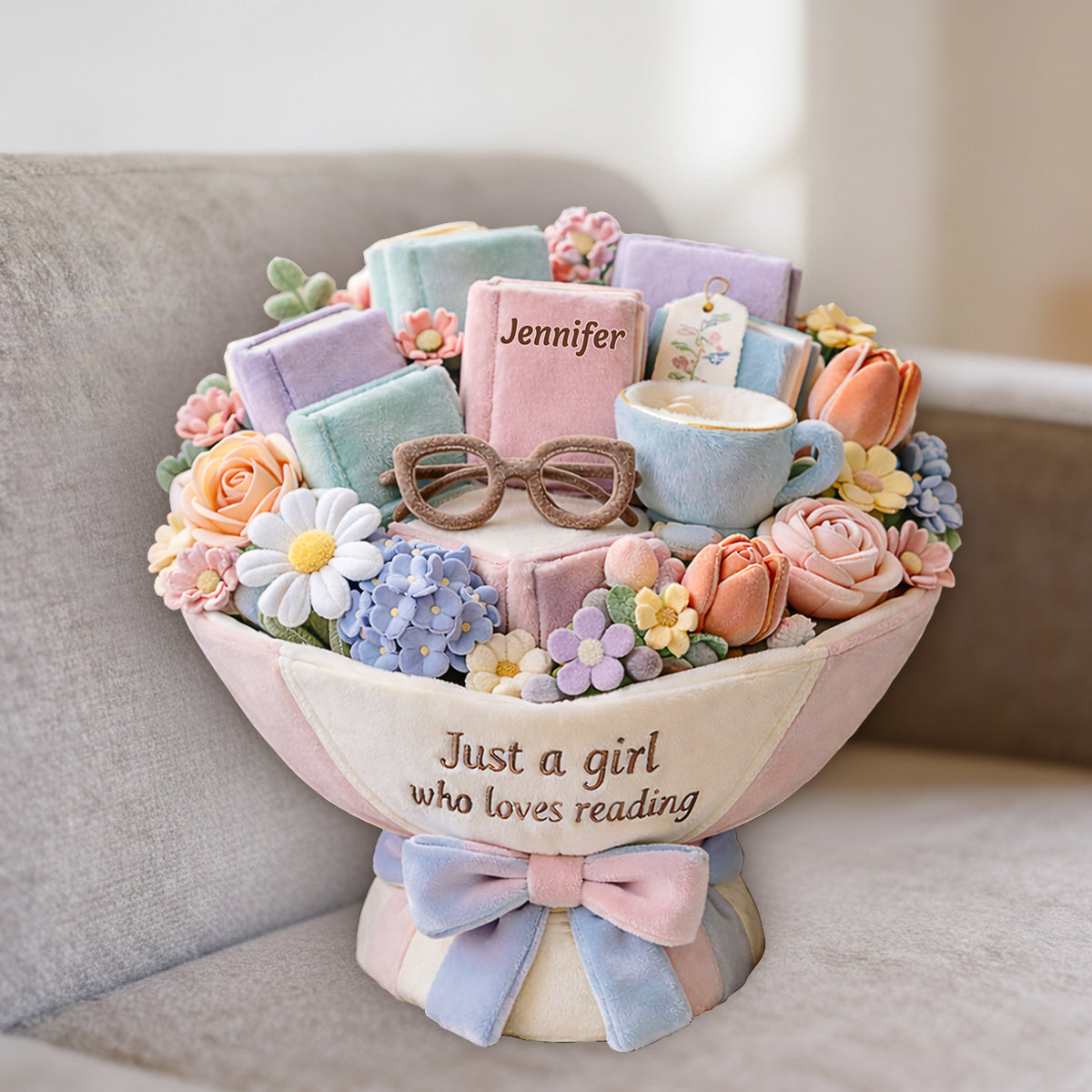 Plüschstrauß für ein Mädchen, das gerne liest – personalisiertes Premium-Kunstfellkissen