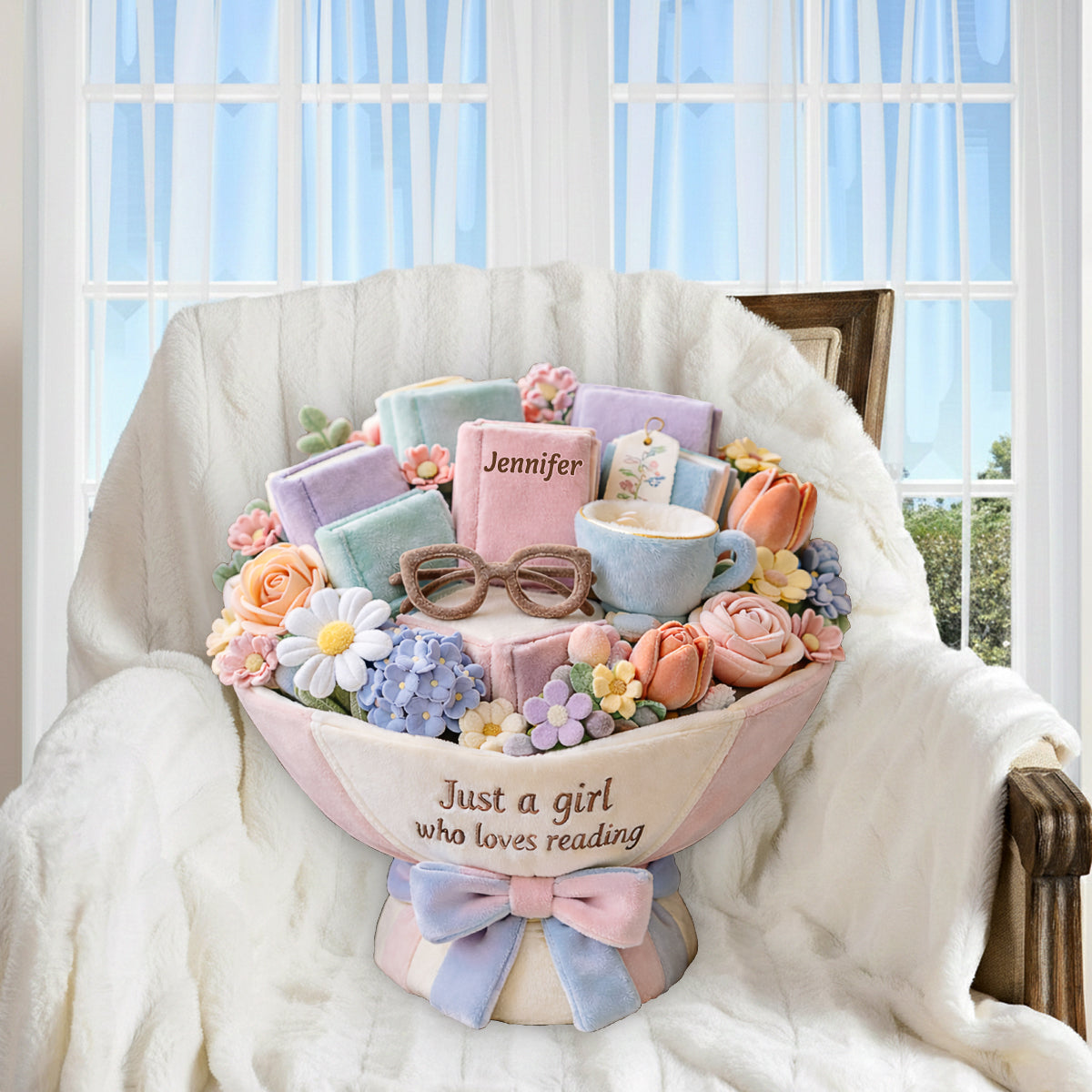 Plüschstrauß für ein Mädchen, das gerne liest – personalisiertes Premium-Kunstfellkissen