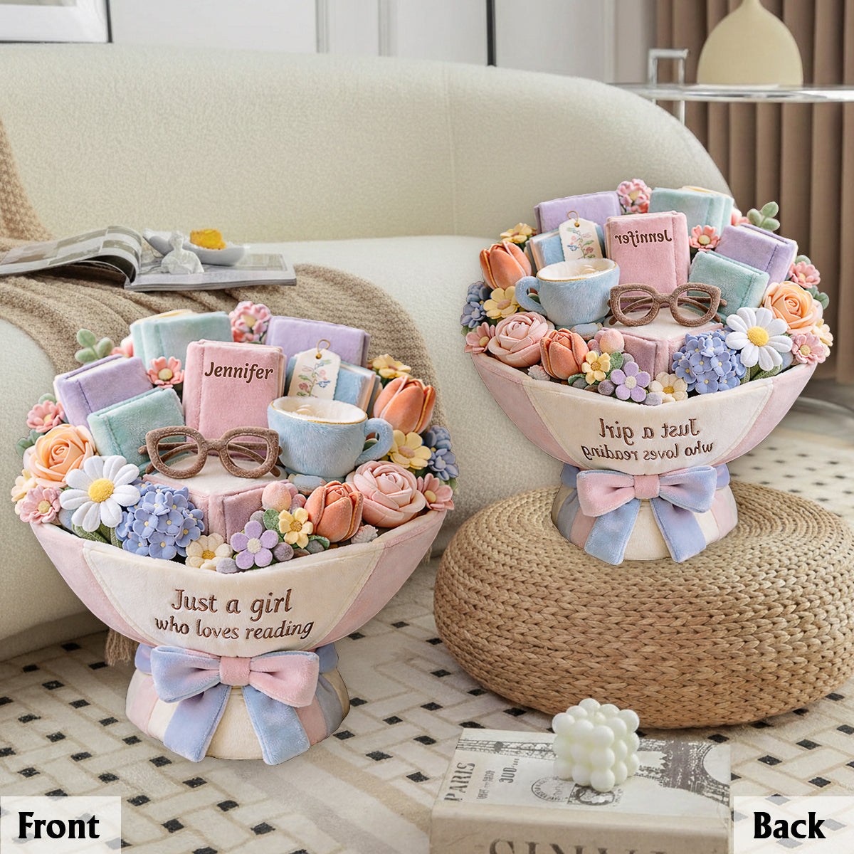 Plüschstrauß für ein Mädchen, das gerne liest – personalisiertes Premium-Kunstfellkissen