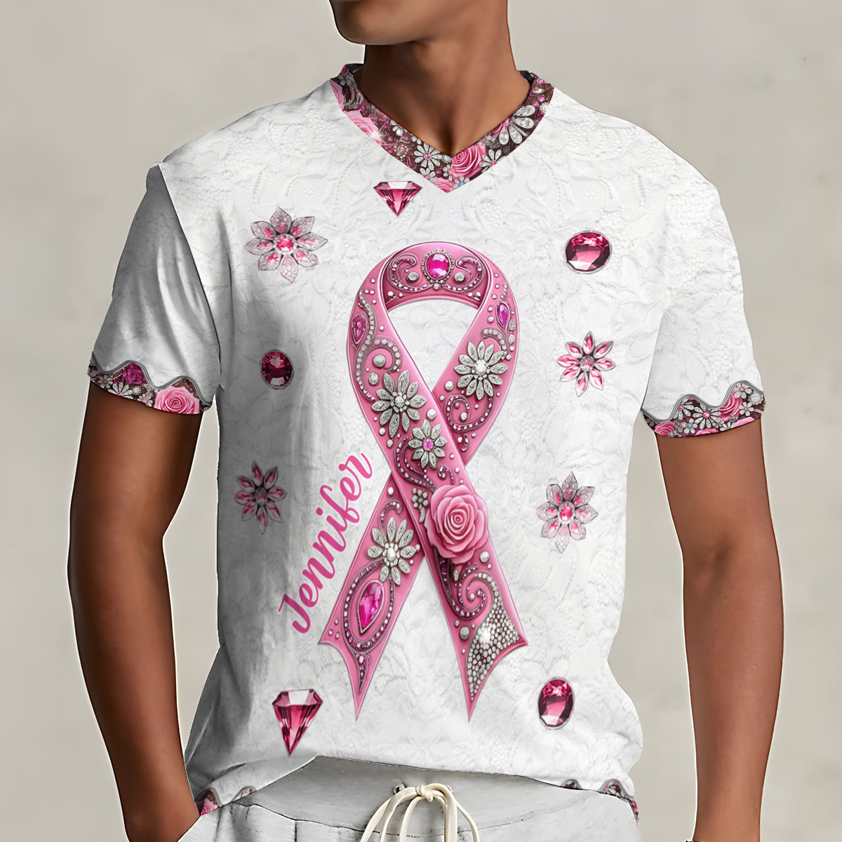 Breast Cancer Awareness - Personalized Breast Cancer Awareness Fully Printed V-Neck T-Shirt
