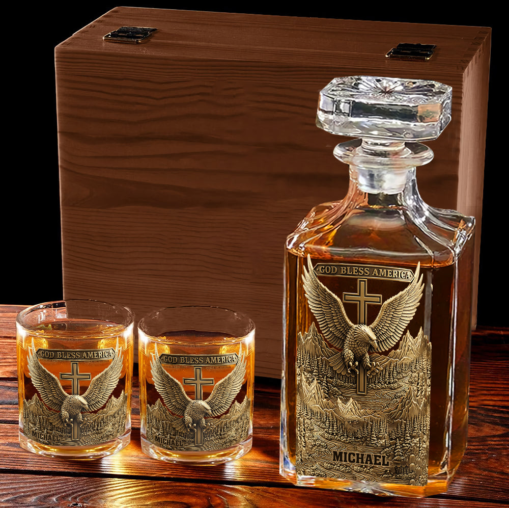 Gott segne Amerika – Personalisiertes Whisky-Dekanter-Set mit Weißkopfseeadler-Motiv