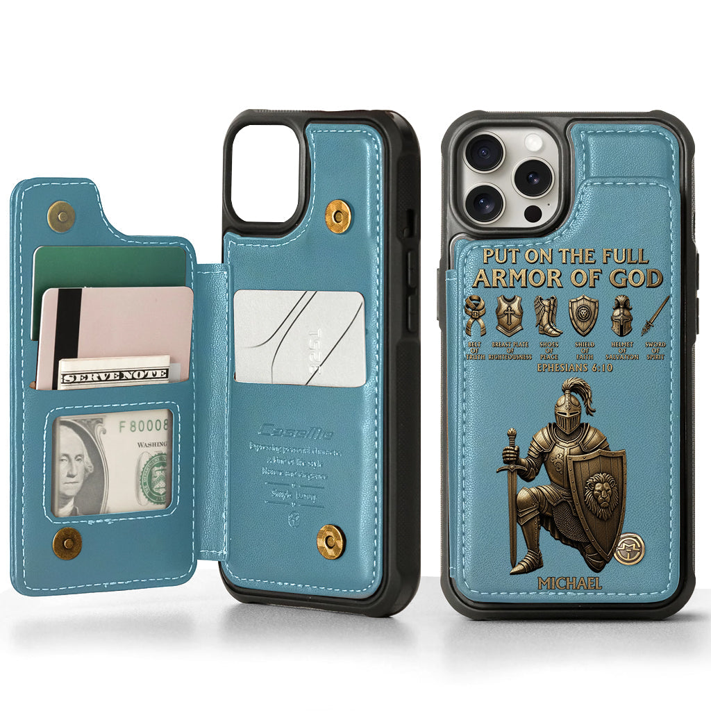 Legt die ganze Rüstung Gottes an – Personalisierte christliche Handyhülle mit Brieftaschenfunktion