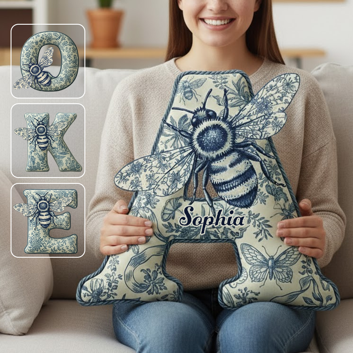 Bienen-Toile-de-Jouy – Personalisiertes Kissen in Bienenform aus Kunstfell