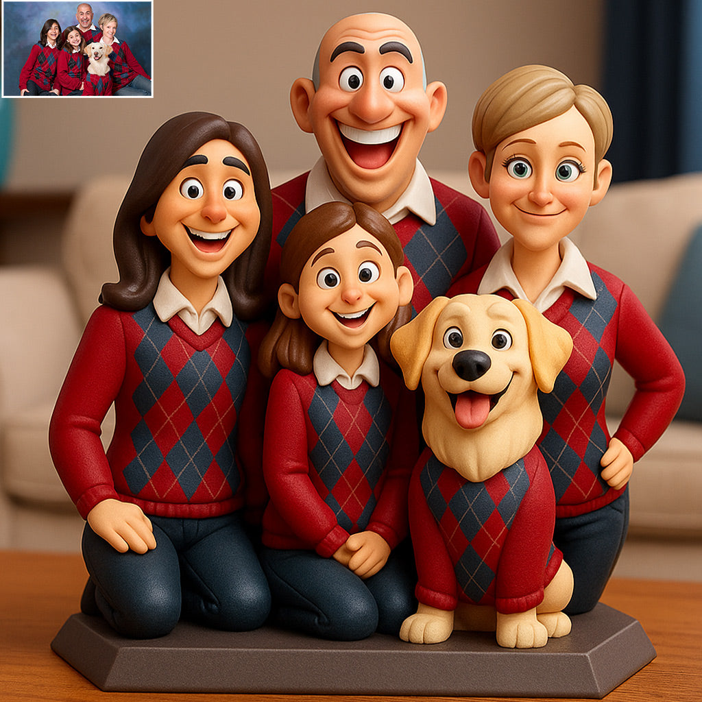 Lustiges Geschenk im cartoonhaften, übertriebenen Maskottchen-Stil – personalisierte Acrylplakette in individueller Familienform