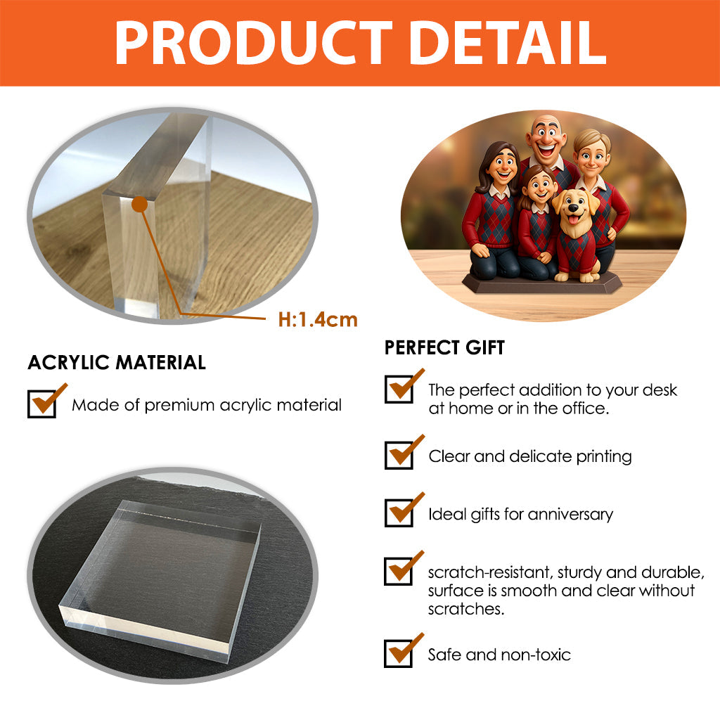 Lustiges Geschenk im cartoonhaften, übertriebenen Maskottchen-Stil – personalisierte Acrylplakette in individueller Familienform