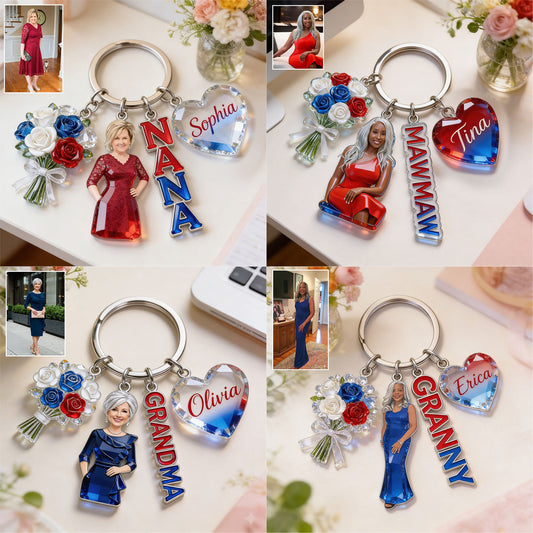 Custom Any Photo American Mom/Grandma - Personalized Grandma Premium Keychain With Charms