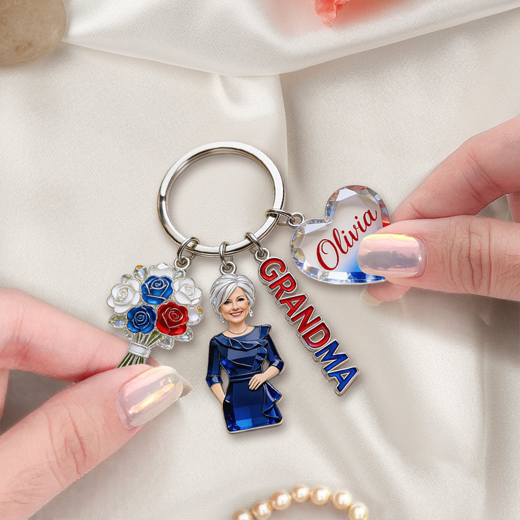 Custom Any Photo American Mom/Grandma - Personalized Grandma Premium Keychain With Charms
