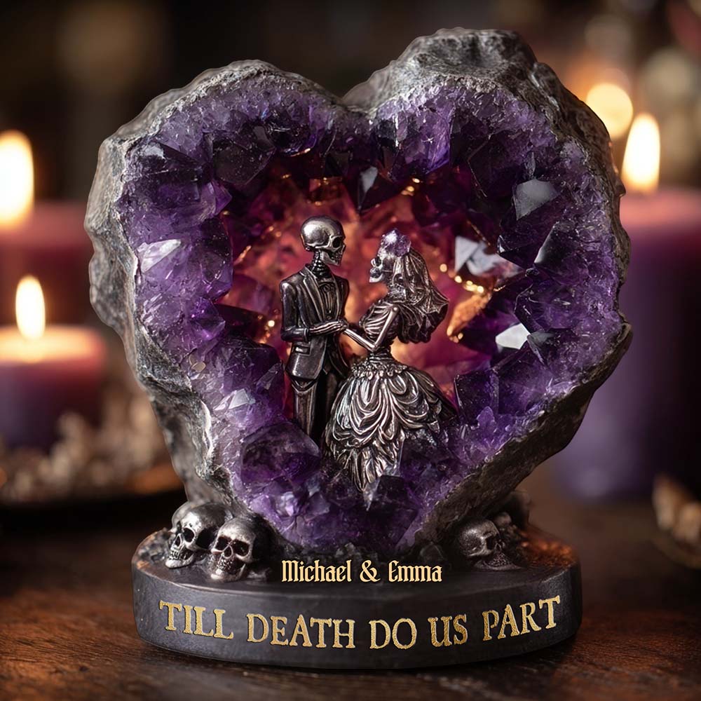 Amethyst-Totenkopf-Paar, Bis dass der Tod uns scheidet – Personalisierte Acrylplakette in individueller Form für Paare