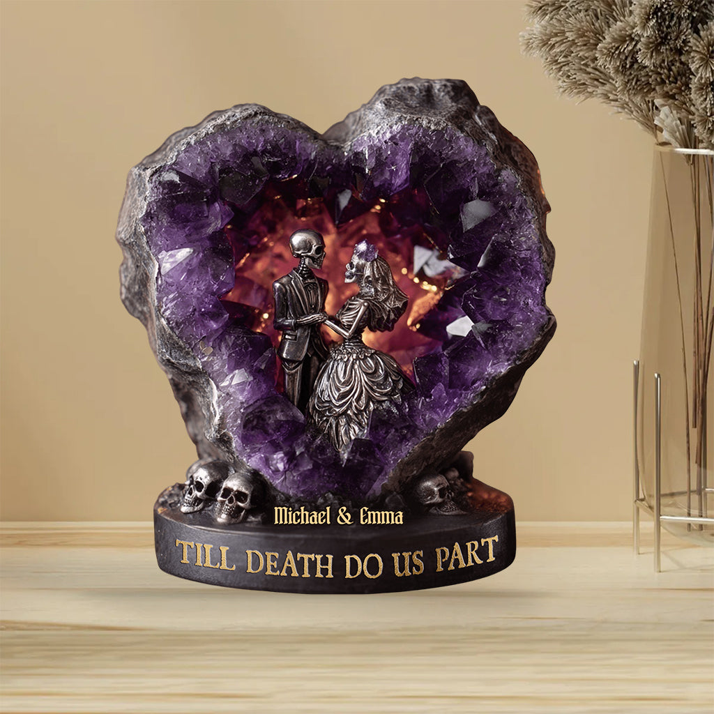 Amethyst-Totenkopf-Paar, Bis dass der Tod uns scheidet – Personalisierte Acrylplakette in individueller Form für Paare