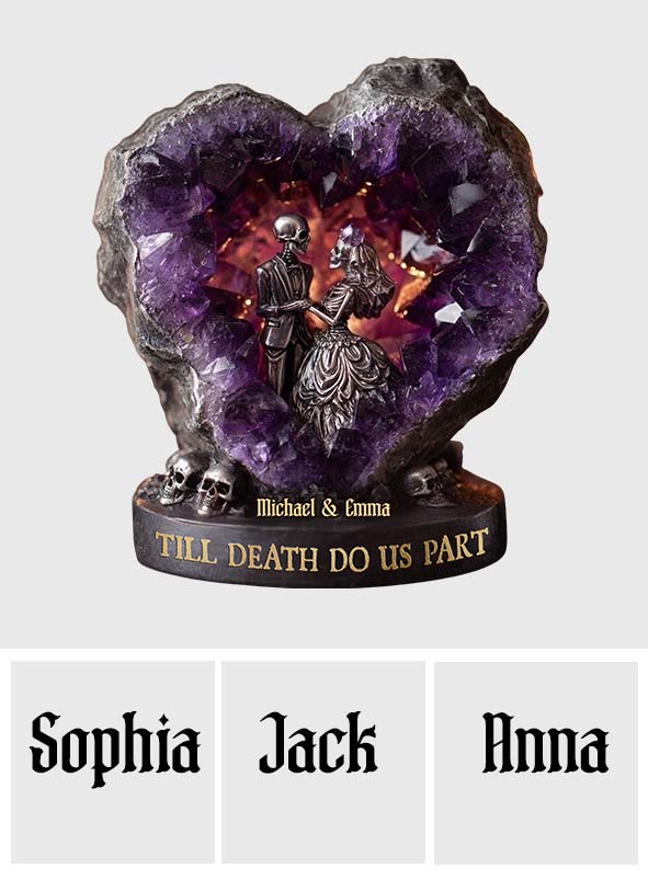 Amethyst-Totenkopf-Paar, Bis dass der Tod uns scheidet – Personalisierte Acrylplakette in individueller Form für Paare