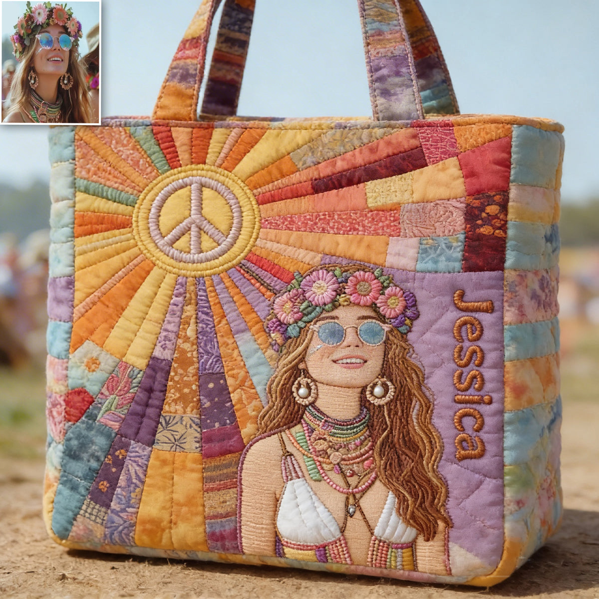 Custom Any Photo Hippie Gift - Personalized Hippie Quilted Tote Bag