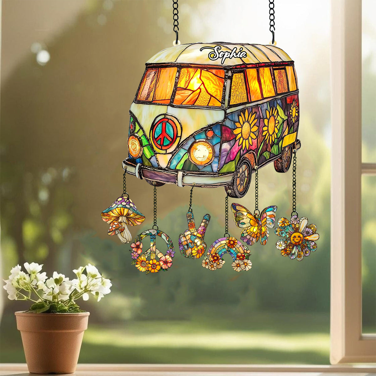 Hippie-Wohnwagen – Personalisierter Hippie-Fensterhänger mit Anhängern