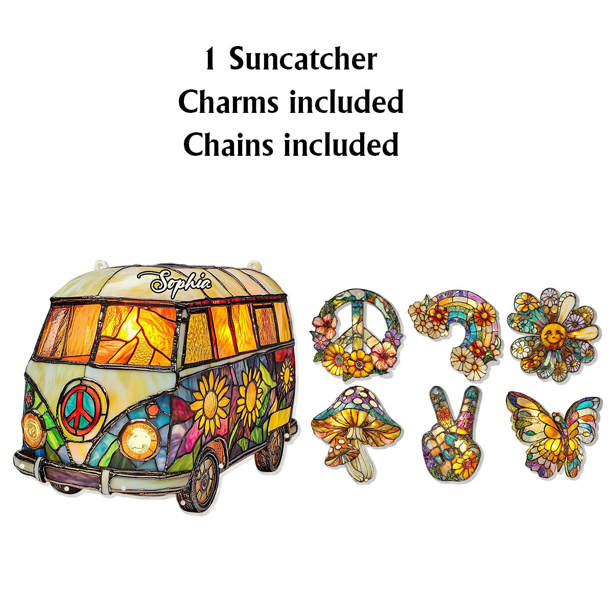 Hippie-Wohnwagen – Personalisierter Hippie-Fensterhänger mit Anhängern