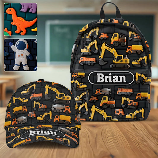 Wandthema „Technikfahrzeuge“ für Kinder – Personalisierte Kinderkappe & Rucksack